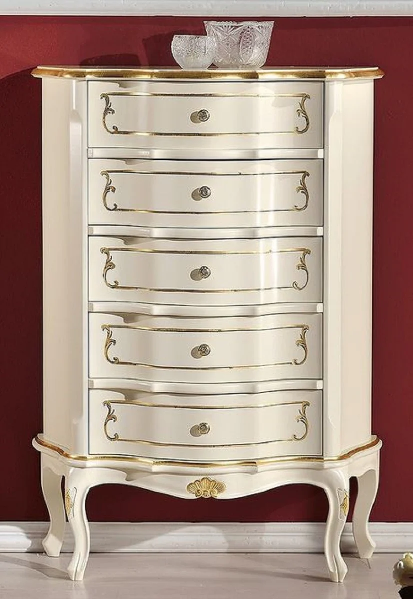 Luxus Barock Kommode Creme / Gold - Handgefertigte Barockstil Massivholz Kommode mit 5 Schubladen - Handgefertigte italienische Barock Möbel - Luxus Qualität - Made in Italy