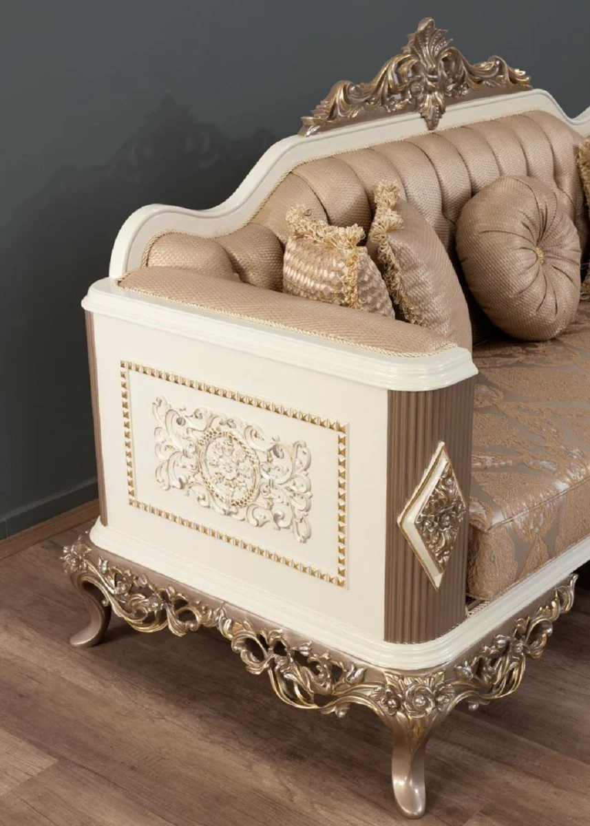 Luxus Barock Sofa Braun / Silber / Weiß / Braun / Gold 234 x 93 x H. 124 cm - Prunkvolles handgefertigtes Wohnzimmer Sofa mit dekorativen Kissen - Barock Wohnzimmer Möbel
