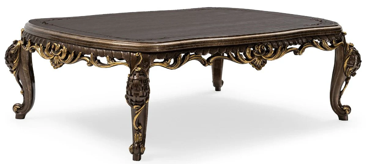 Luxus Barock Couchtisch Grau / Braun / Gold - Handgefertigter Massivholz Wohnzimmertisch im Barockstil - Wohnzimmer Möbel im Barockstil - Barock Möbel - Edel & Prunkvoll