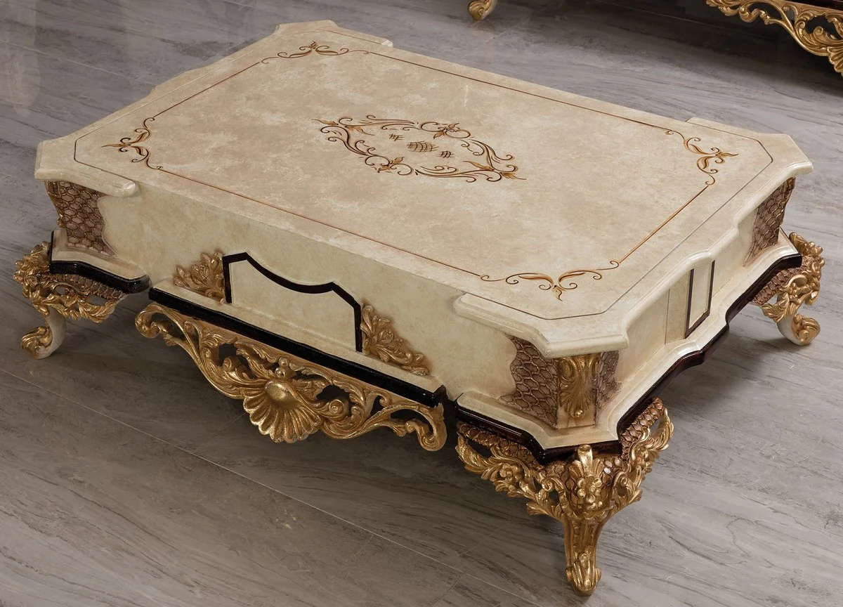 Luxus Barock Couchtisch Creme / Beige / Schwarz / Gold - Prunkvoller Barockstil Wohnzimmertisch - Barockstil Wohnzimmer Möbel - Barock Möbel - Luxus Möbel im Barockstil