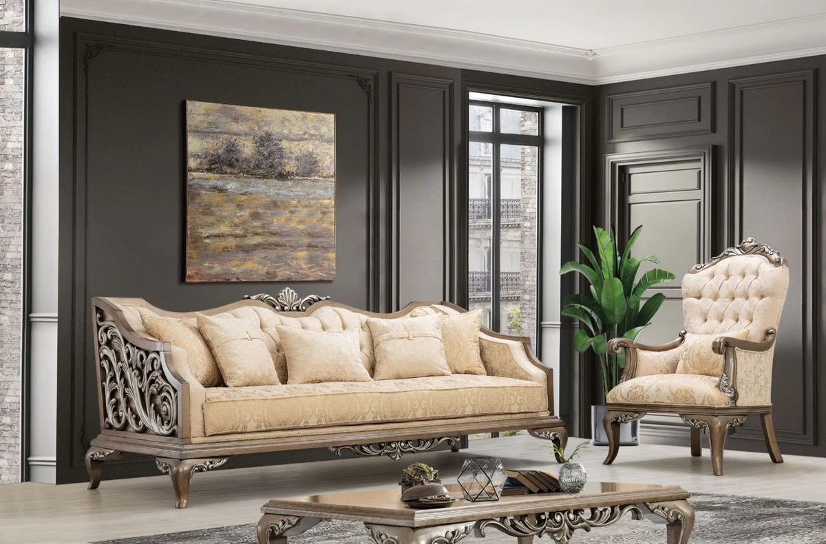 Luxus Barock Sofa Beige / Gold / Braun / Silber - Wohnzimmer Sofa im Barockstil - Barock Wohnzimmer Möbel - Edel & Prunkvoll