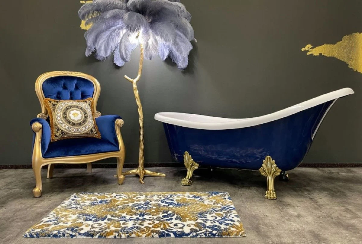 Luxus Jugendstil Badewanne Saphirblau / Weiß / Gold 174 x 83 x H. 81 cm - Freistehende Retro Badewanne mit Löwenfüßen - Retro Badezimmer Möbel