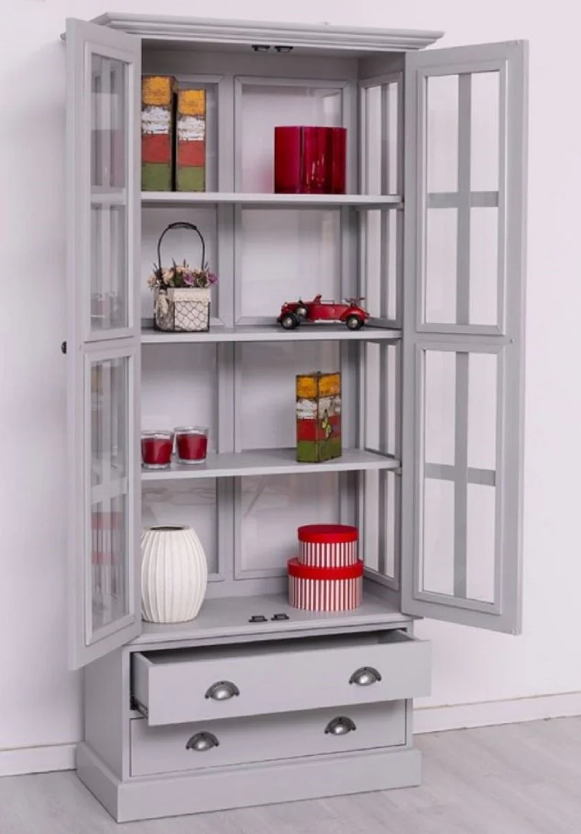 Landhausstil Vitrine Hellgrau 91 x 47 x H. 200 cm - Massivholz Vitrinenschrank mit 2 Türen und 2 Schubladen - Landhausstil Möbel - Massivholz Möbel - Esszimmer Möbel