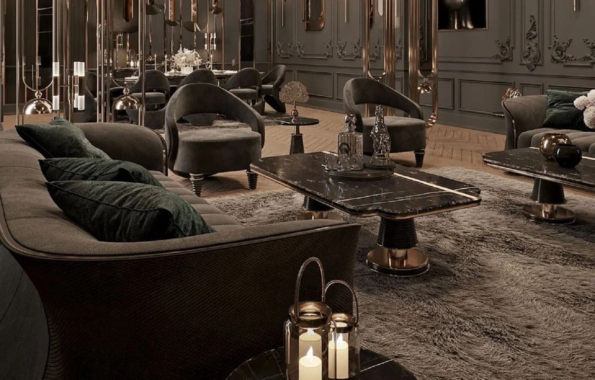 Luxus Couchtisch Schwarz / Gold 150 x 80 x H. 42,5 cm - Wohnzimmertisch mit Kunstmarmor Tischplatte - Luxus Wohnzimmer Möbel - Hotel Möbel - Luxus Einrichtung - Hotel Einrichtung