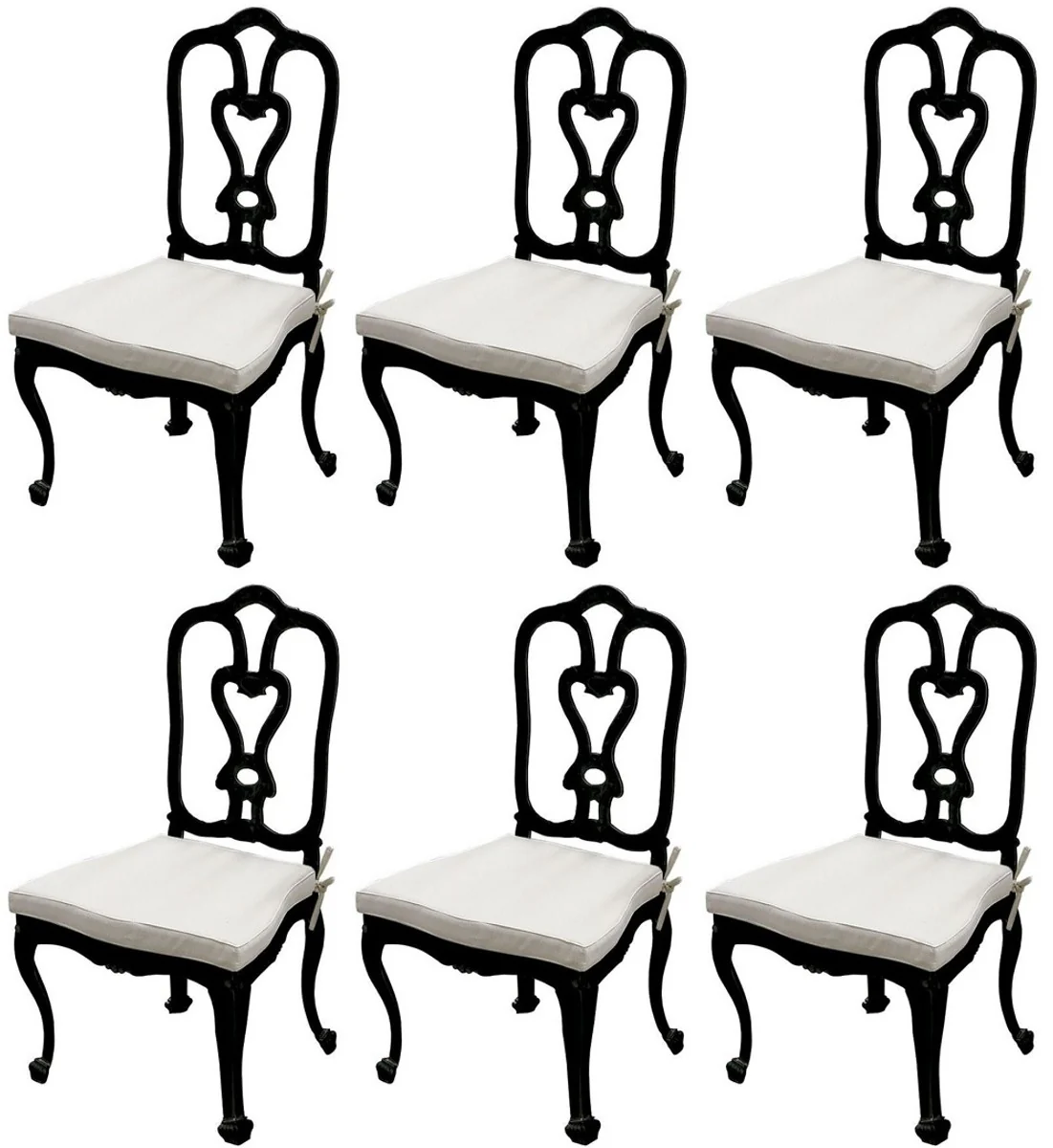 Luxus Jugendstil Gartenstuhl Set mit Sitzkissen Schwarz / Hellgrau 56 x 59 x H. 100 cm - Handgeschmiedete Esszimmer Stühle - Esszimmer Garten Terrassen Möbel