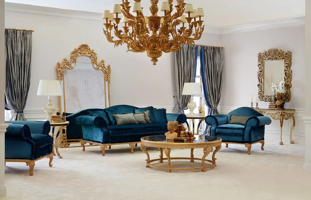 Luxus Barock Couchtisch mit Marmorplatte Naturfarben / Schwarz - Runder Wohnzimmertisch im Barockstil - Barock Möbel - Edel & Prunkvoll - Luxus Qualität - Made in Italy