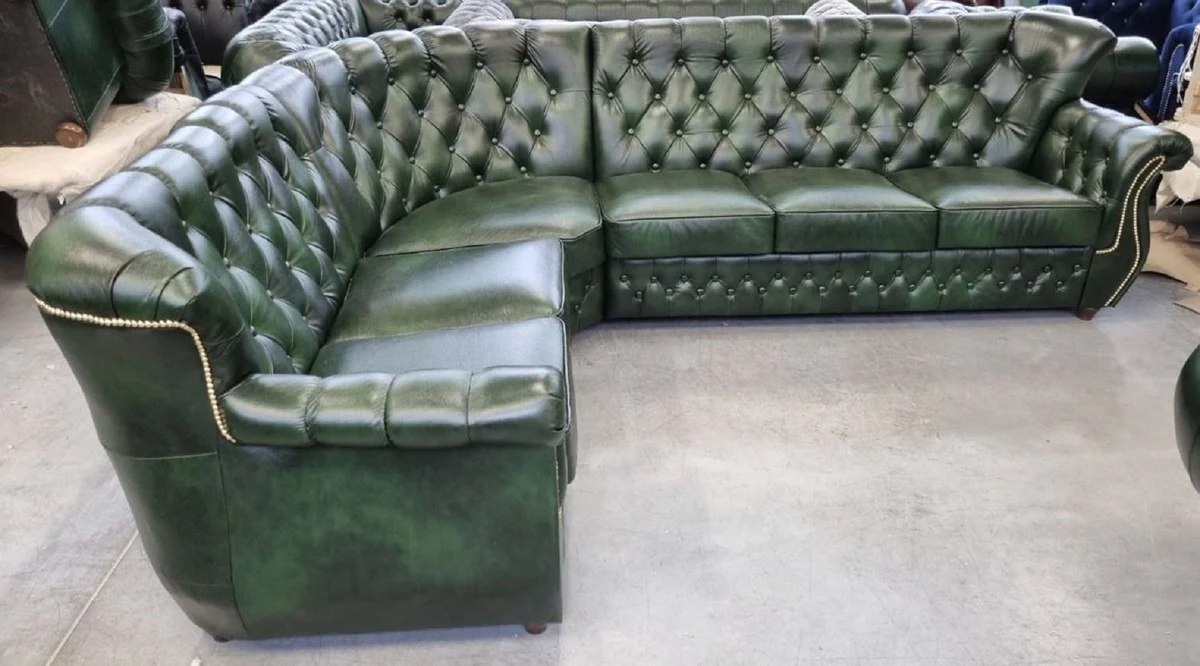 Luxus Chesterfield Leder Ecksofa Vintage Grün 290 x 240 x H. 80 cm - Echtleder Wohnzimmer Sofa - Wohnzimmer Möbel - Chesterfield Möbel - Luxus Möbel - Luxus Wohnzimmer Einrichtung