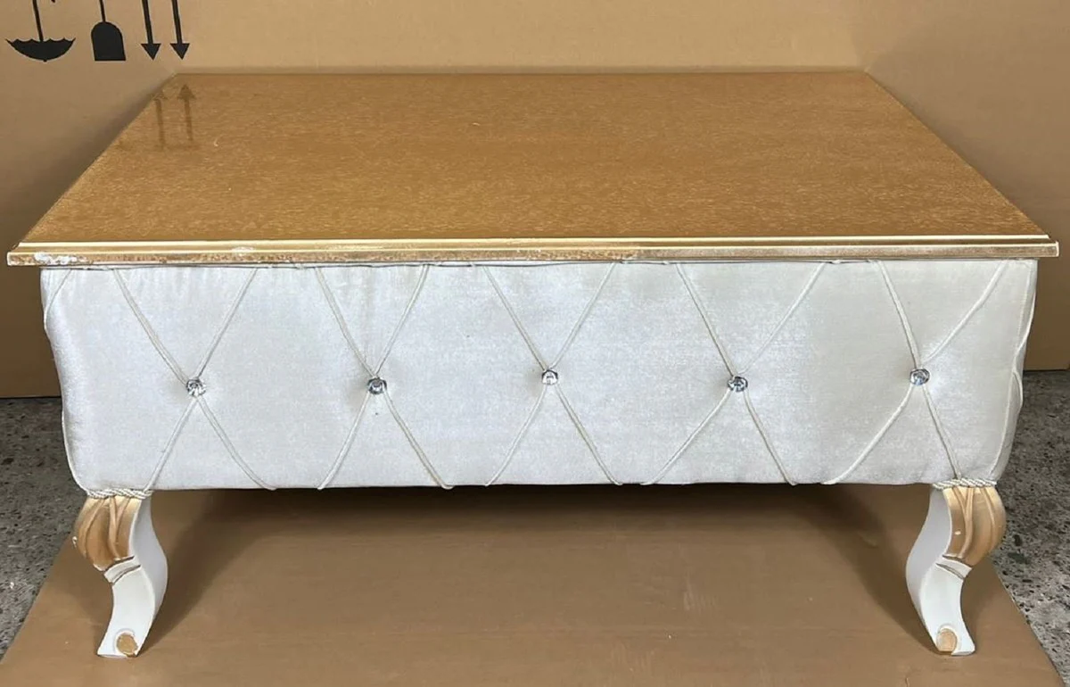 Luxus Barock Couchtisch Gold / Silber / Weiß / Gold - Barockstil Massivholz Wohnzimmertisch mit Glitzersteinen - Barock Möbel - Luxus Möbel im Barockstil - Edel & Prunkvoll