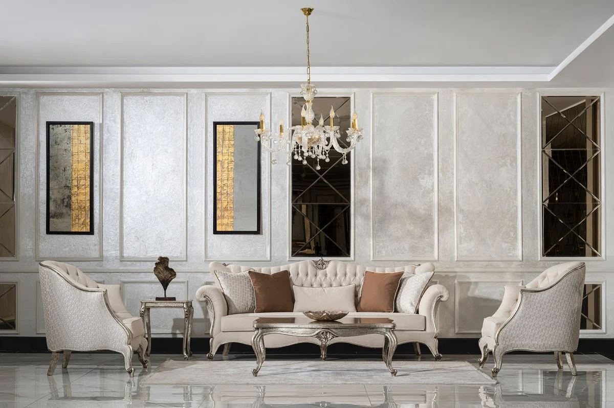 Luxus Barock Couchtisch Antik Silber - Rechteckiger Massivholz Wohnzimmertisch im Barockstil - Barock Möbel - Luxus Möbel im Barockstil - Barock Einrichtung - Edel & Prunkvoll