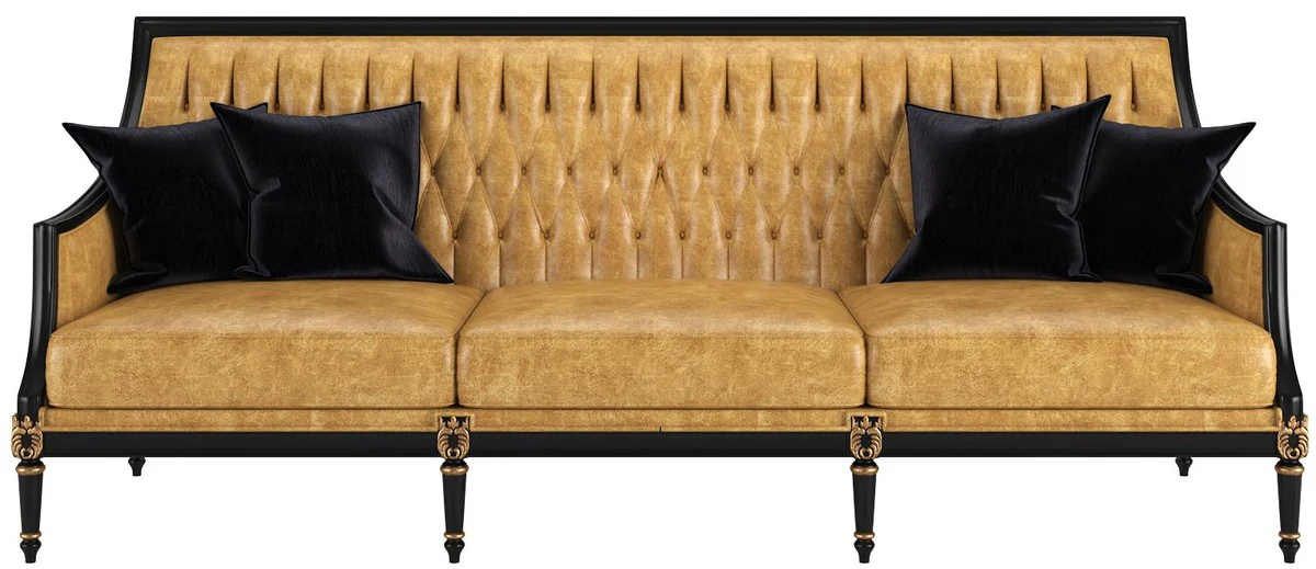 Luxus Barock Wohnzimmer Leder Sofa Gold / Schwarz / Antik Gold 235 x 95 x H. 95 cm - Edle Wohnzimmer Möbel im Barockstil