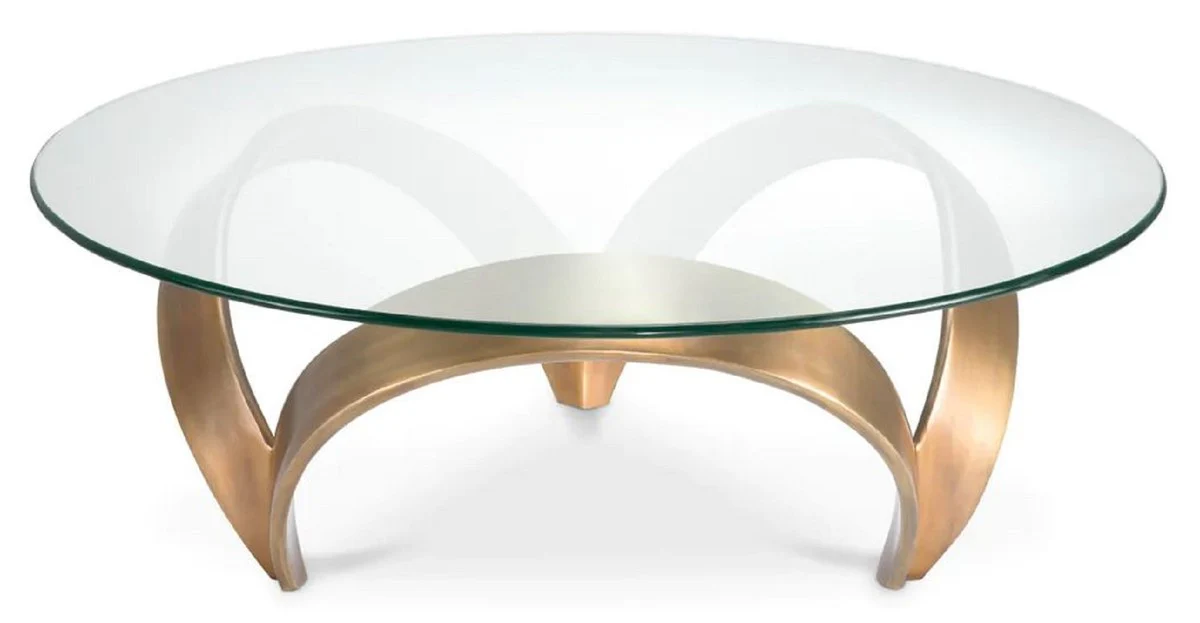 Luxus Couchtisch Vintage Messing Ø 110 x H. 36,5 cm - Runder Aluminium Wohnzimmertisch mit Glasplatte - Wohnzimmer Möbel - Hotel Möbel - Luxus Möbel - Luxus Kollektion