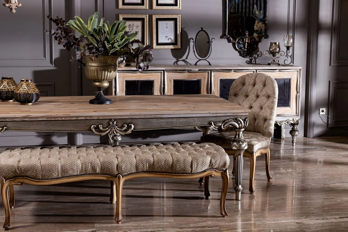 Luxus Barock Esstisch Naturfarben / Silber - Prunkvoller Massivholz Esszimmertisch im Barockstil - Barock Esszimmer Möbel