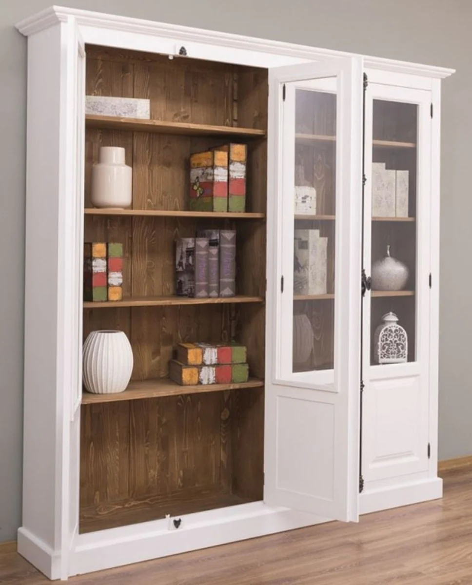 Landhausstil Vitrine Weiß / Braun 205 x 40 x H. 210 cm - Massivholz Schrank - Wohnzimmerschrank - Vitrinenschrank - Landhausstil Möbel