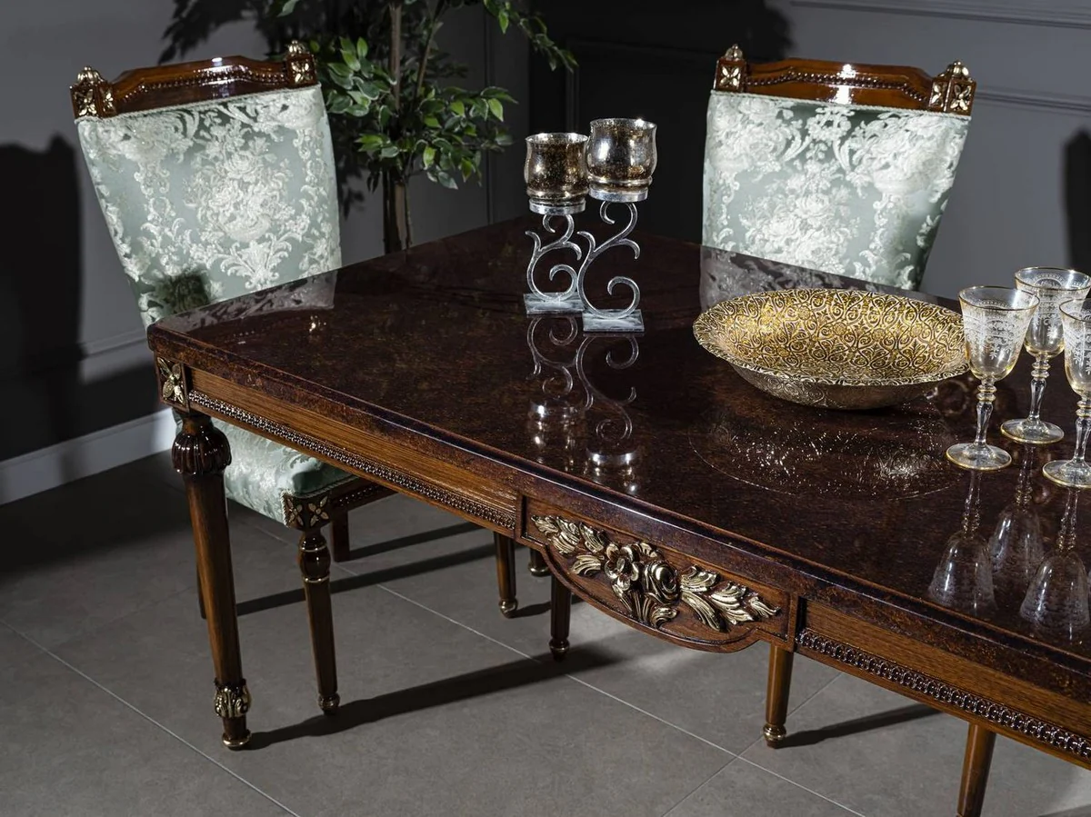 Luxus Barock Esszimmer Set Mintgrün / Braun - 1 Esstisch & 6 Esszimmerstühle - Edle Esszimmer Möbel im Barockstil