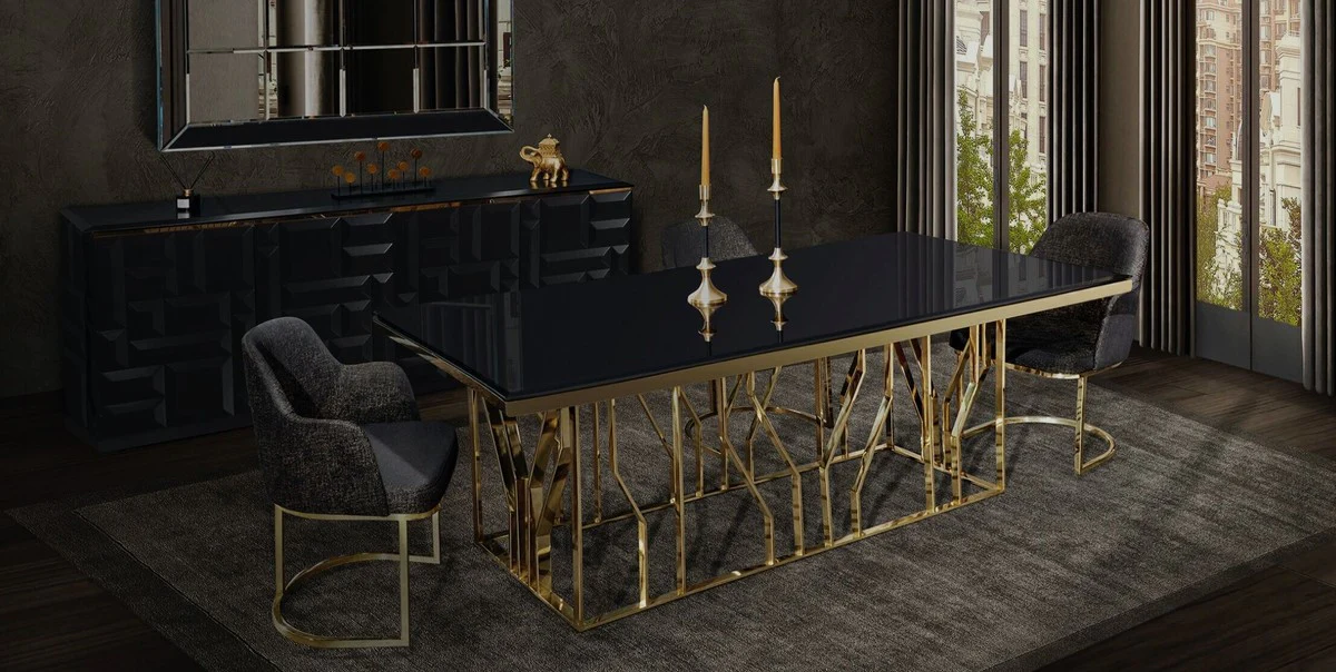 Luxus Esszimmer Stuhl Set Grau / Gold 70 x 95 x H. 96 cm - Küchen Stühle 6er Set - Esszimmerstühle mit Armlehnen - Luxus Esszimmer Möbel