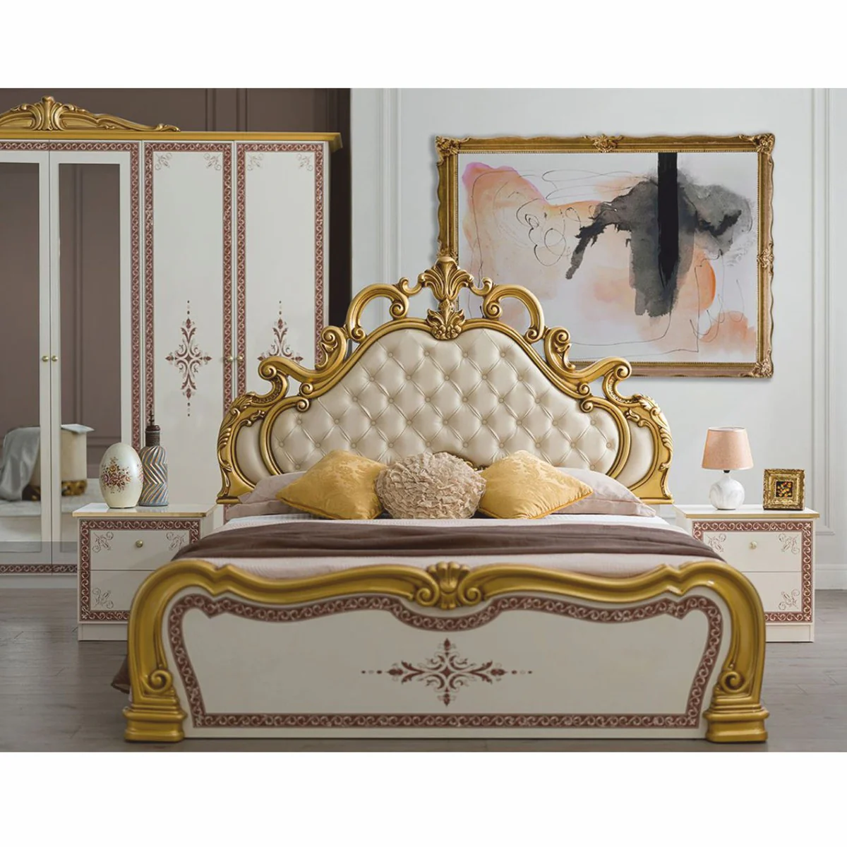 Luxus Barock Doppelbett Creme / Weiß / Braun / Gold - Barockstil Schlafzimmer Möbel