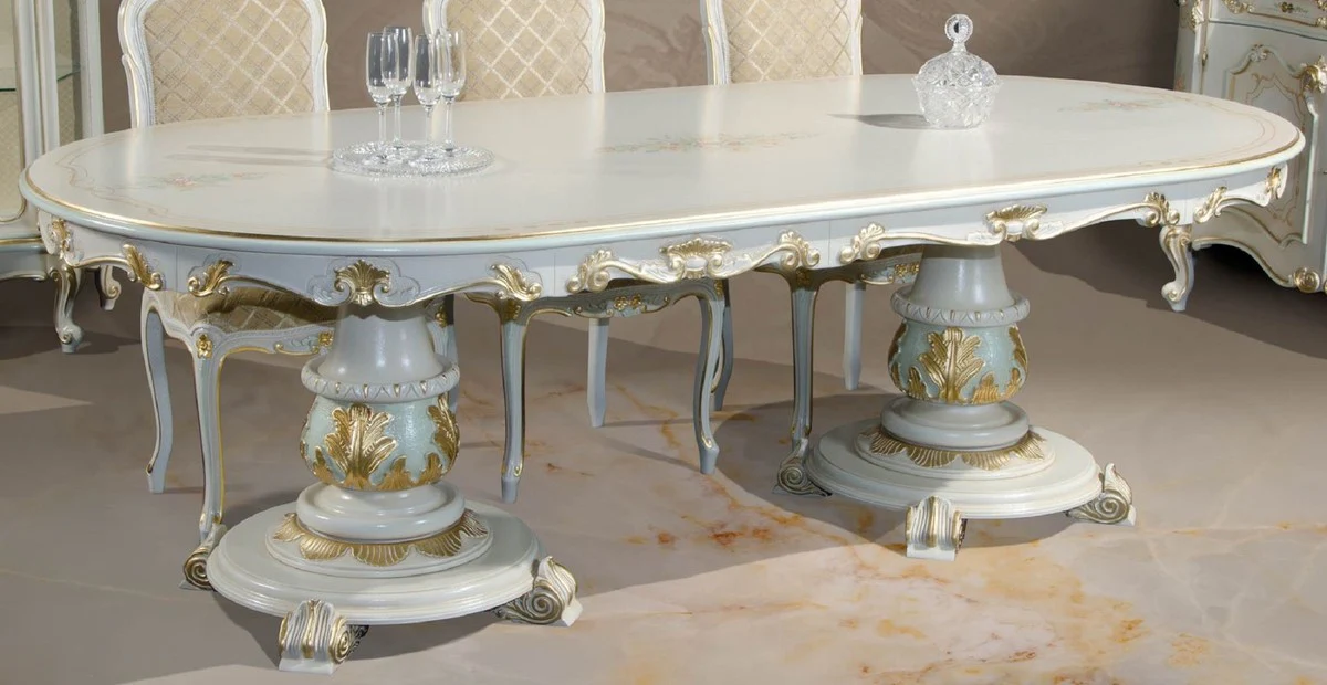 Luxus Barock Esstisch Weiß / Creme / Mehrfarbig / Gold 700 cm - Riesiger Massivholz Esszimmertisch im Barockstil - Barock Esszimmer & Hotel Möbel - Luxus Qualität - Made in Italy