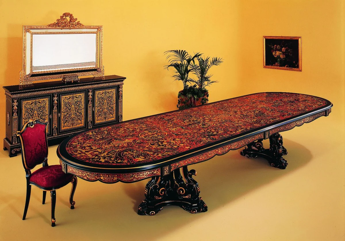 Luxus Barock Boulle Esstisch Schwarz / Rot / Gold 400 x 130 x H. 80 cm - Handgefertigter Massivholz Esszimmertisch - Barock Esszimmer Möbel - Edel & Prunkvoll