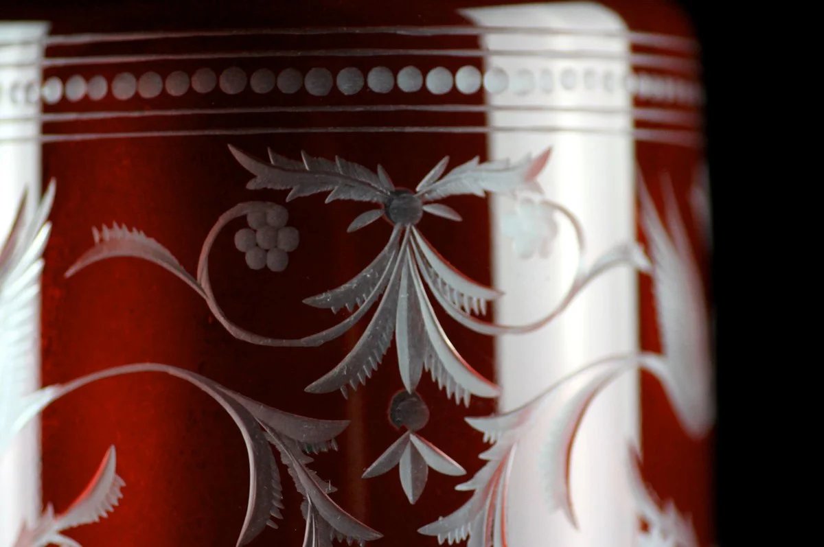 Luxus Whisky Karaffe Rot / Silber Ø 12,5 x H. 20 cm - Mundgeblasene und handgravierte Glas Karaffe - Hotel & Restaurant Accessoires - Luxus Qualität