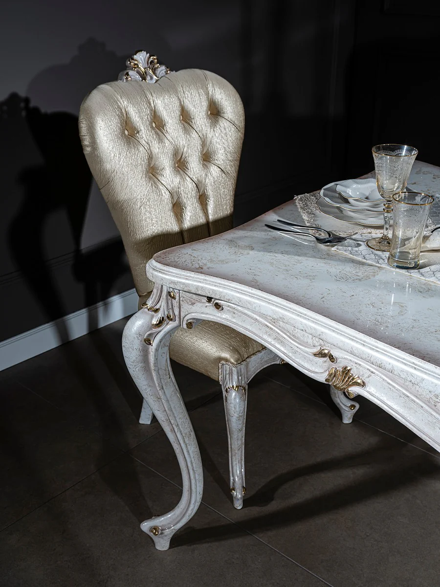 Luxus Barock Esszimmer Stuhl Set Gold / Antik Weiß / Gold 57 x 65 x H. 113 cm - Küchen Stühle 6er Set - Barock Esszimmer Möbel - Edel & Prunkvoll