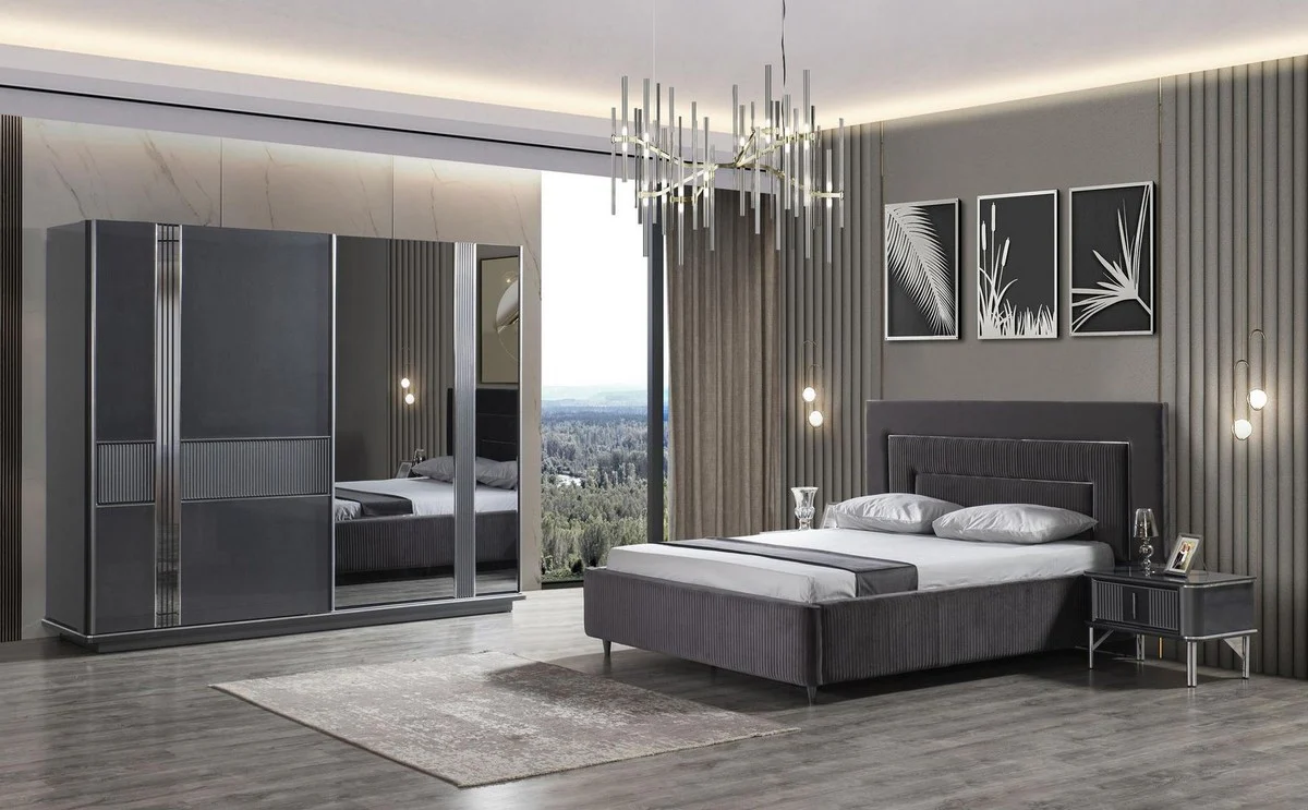 Luxus Schlafzimmer Set Grau / Silber - 1 Doppelbett mit Kopfteil & 2 Nachttische - Luxus Schlafzimmer Möbel