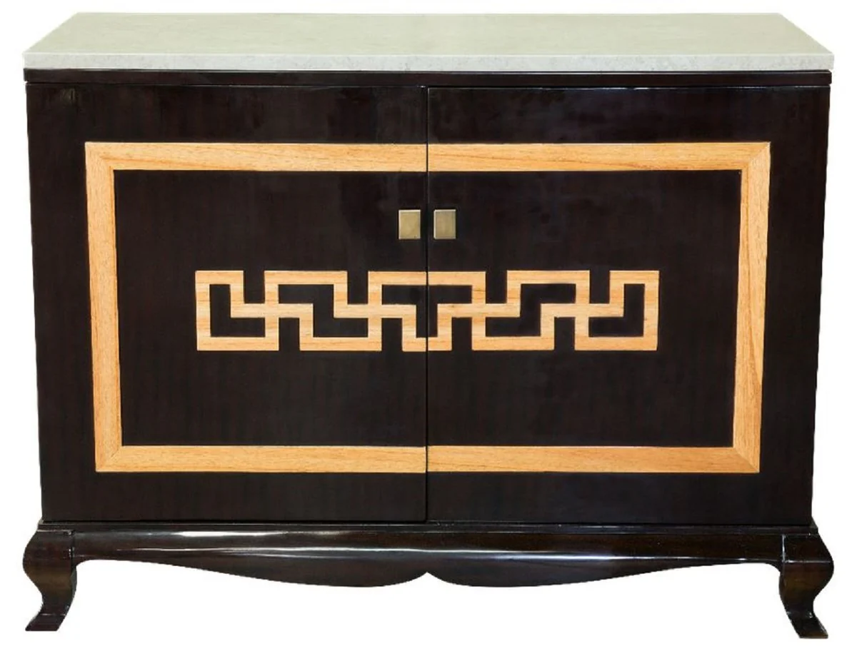 Luxus Barock Likörschrank Schwarz / Naturfarben / Creme 110 x 55 x H. 87 cm - Massivholz Barschrank - Schnapsschrank mit Marmorplatte - Bar Möbel im Barockstil