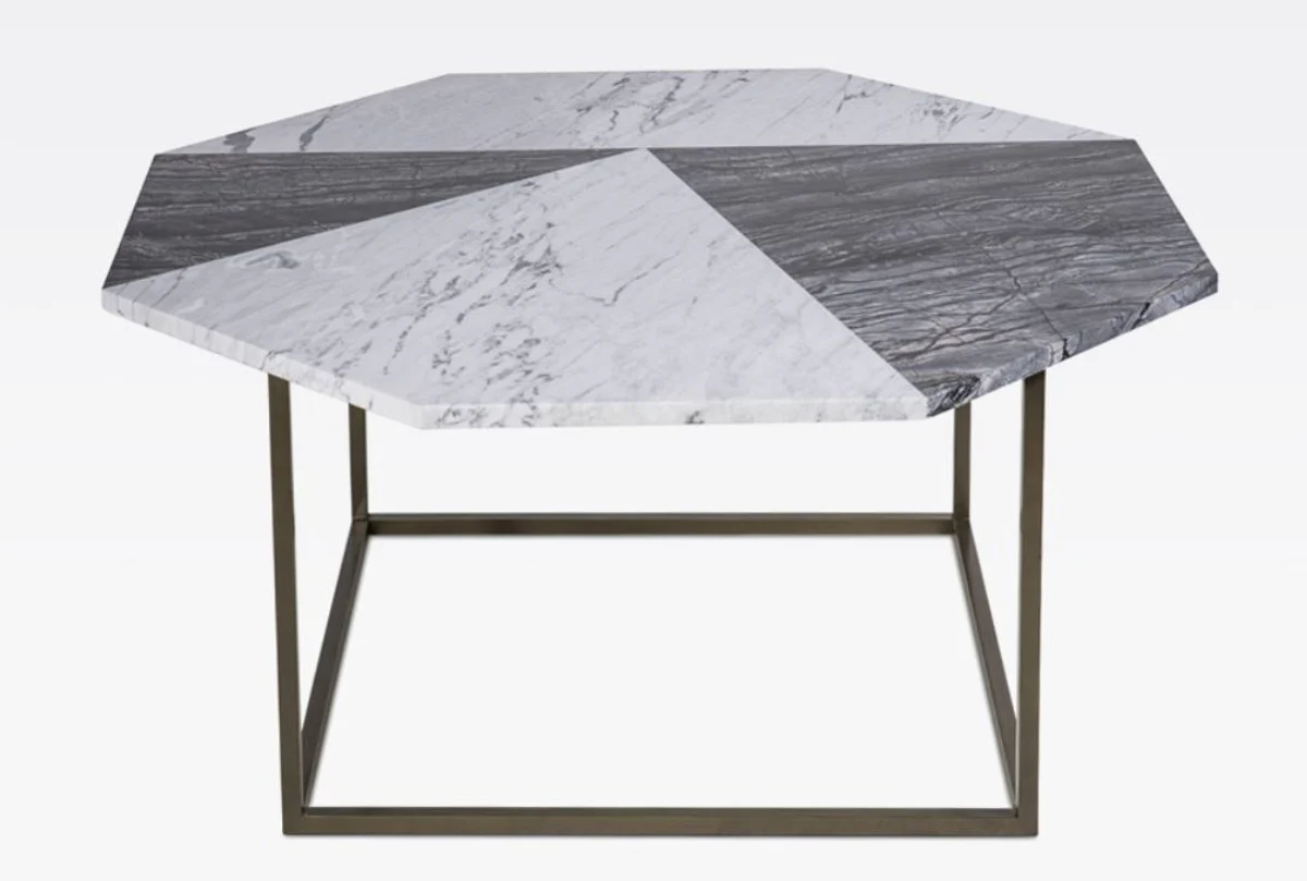 Luxus Couchtisch Schwarz / Weiß 90 x 90 x H. 42 cm - Moderner 8-eckiger Wohnzimmertisch mit Carrara Marmorplatte - Wohnzimmer Möbel