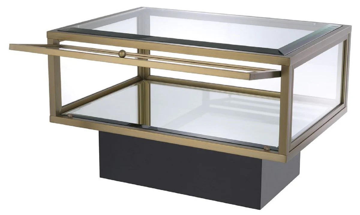Luxus Beistelltisch Messingfarben / Schwarz 70 x 50 x H. 46 cm - Rechteckiger Edelstahl Tisch mit Glasplatten und Spiegelglas Boden - Luxus Wohnzimmer & Hotel Möbel