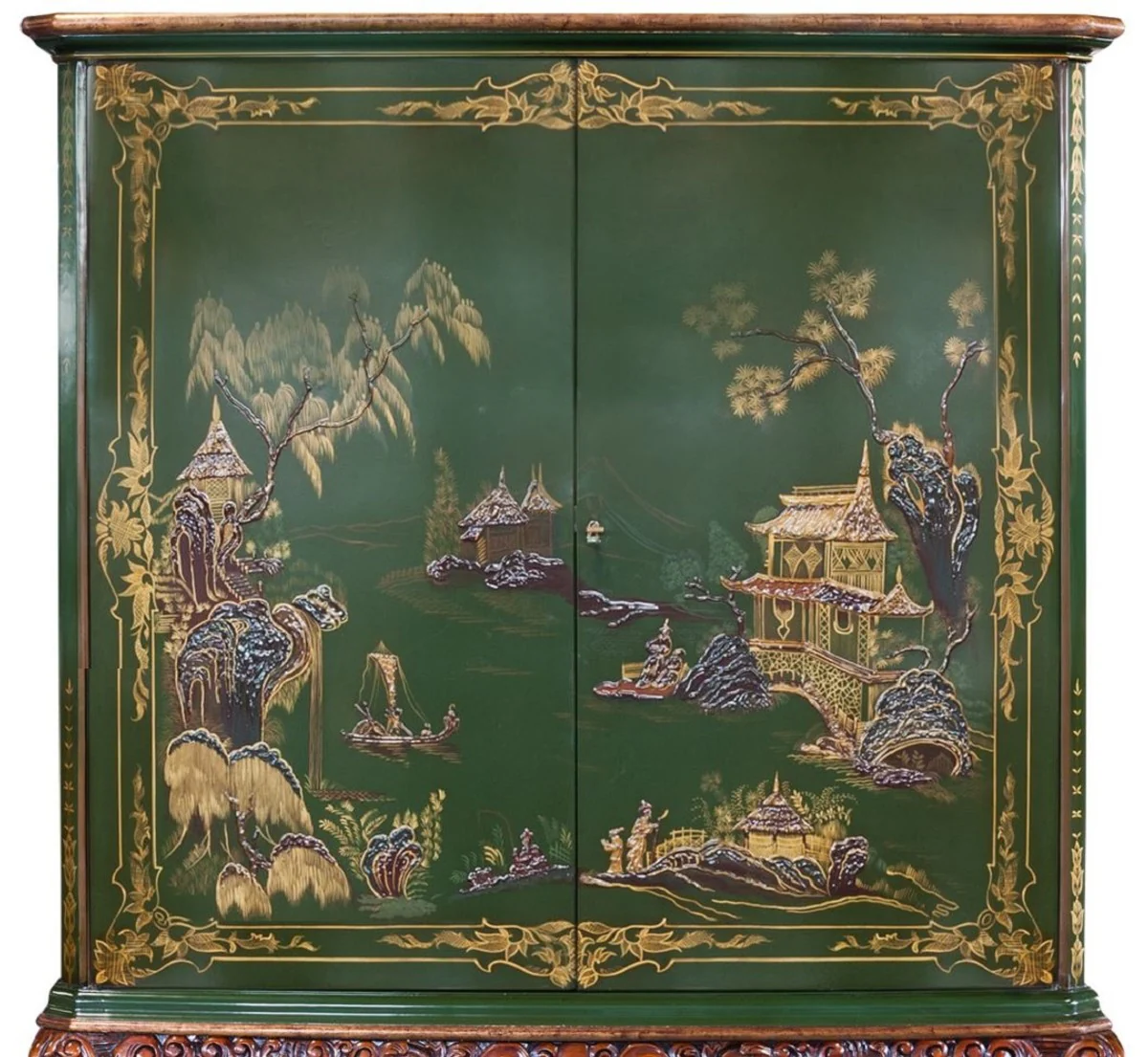 Luxus Barock Barschrank Grün / Braun / Mehrfarbig / Gold - Prunkvoller Massivholz Schrank mit LED Beleuchtung - Barock Wohnzimmer Möbel - Barock Bar Möbel - Barock Hotel Möbel