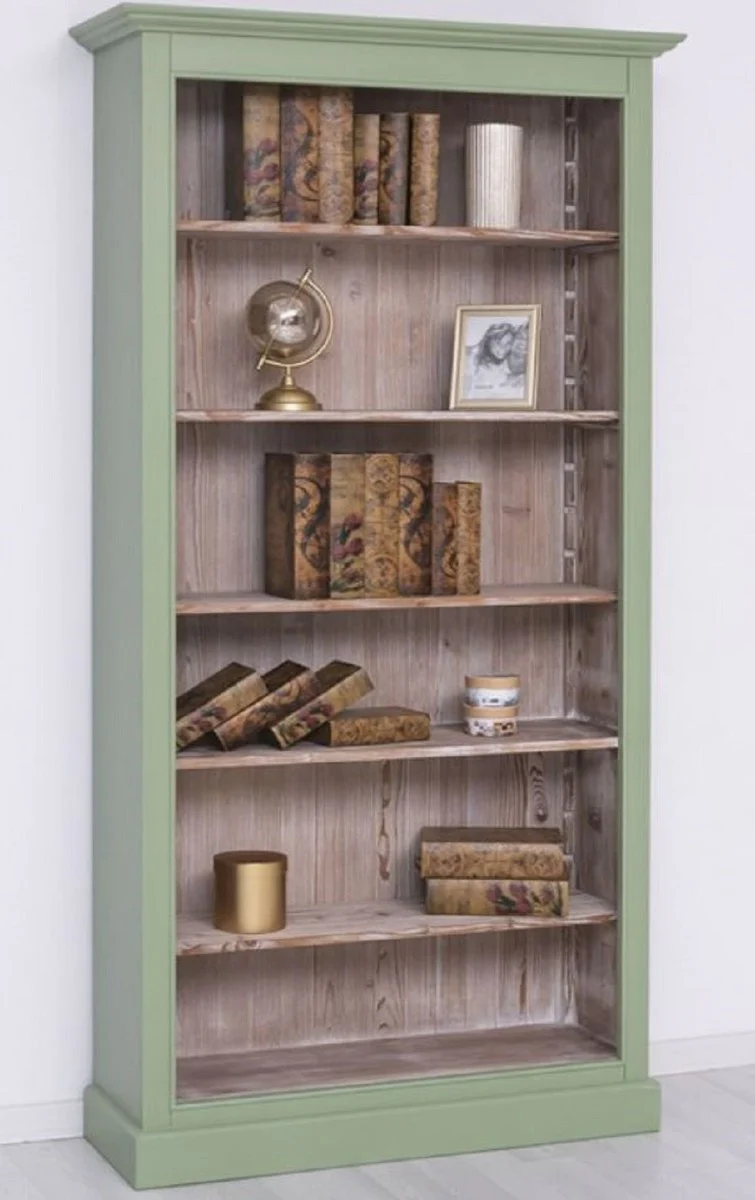 Landhausstil Bücherschrank Grün / Naturfarben 110 x 39 x H. 210 cm - Massivholz Schrank - Regalschrank - Wohnzimmerschrank - Büroschrank - Landhausstil Möbel