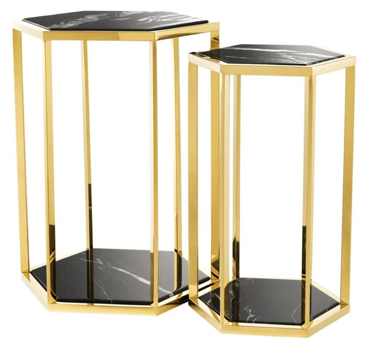 Luxus Beistelltisch 2er Set in gold mit schwarzem Marmor - Luxus Qualität