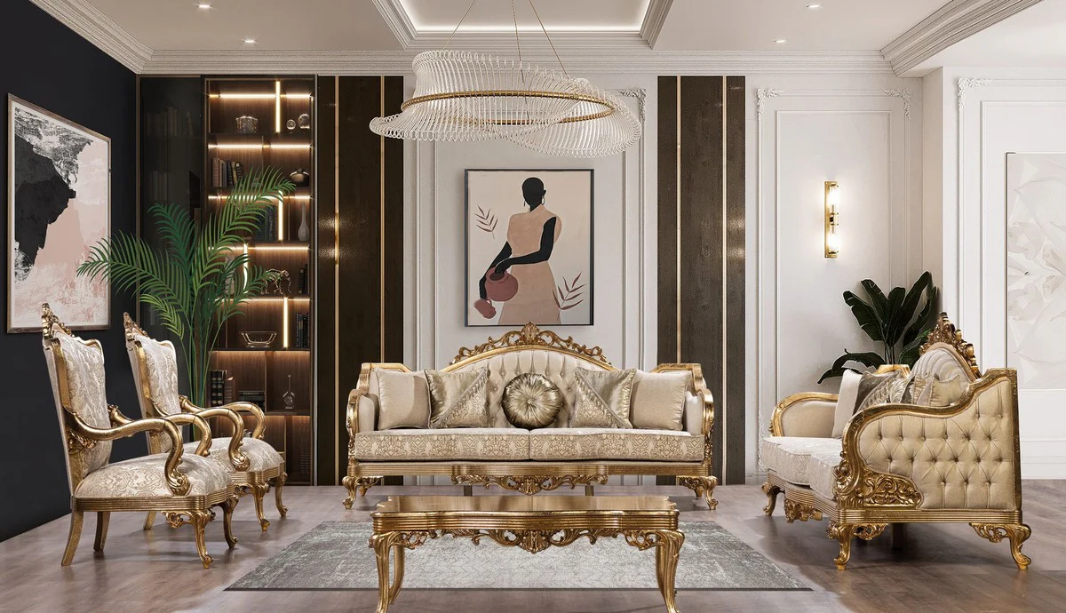 Luxus Barock Sofa Gold Muster / Antik Gold - Barockstil Wohnzimmer Sofa mit elegantem Muster - Luxus Wohnzimmer Möbel im Barockstil - Barock Einrichtung - Barock Möbel
