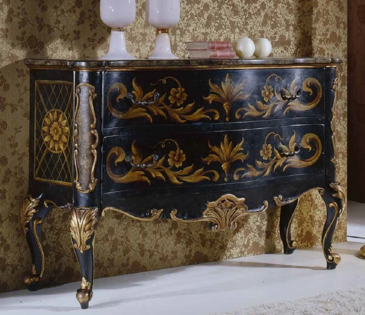 Luxus Barock Kommode Dunkelblau / Antik Gold - Handgefertigte Massivholz Kommode mit 2 Schubladen - Barockstil Schlafzimmer Möbel - Barock Möbel - Luxus Qualität - Made in Italy