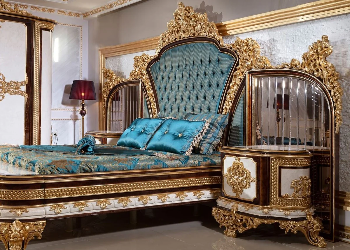 Luxus Barock Nachtkommoden Set Weiß / Braun / Gold - Prunkvolle Massivholz Nachttische - Barock Schlafzimmer Möbel - Edel & Prunkvoll