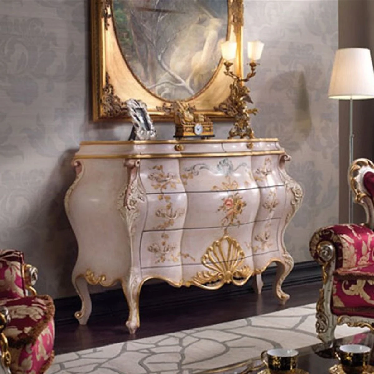 Luxus Barock Kommode Rosa / Mehrfarbig / Gold - Handgefertigte Massivholz Kommode mit 5 Schubladen - Luxus Schlafzimmer Möbel im Barockstil - Luxus Qualität - Made in Italy