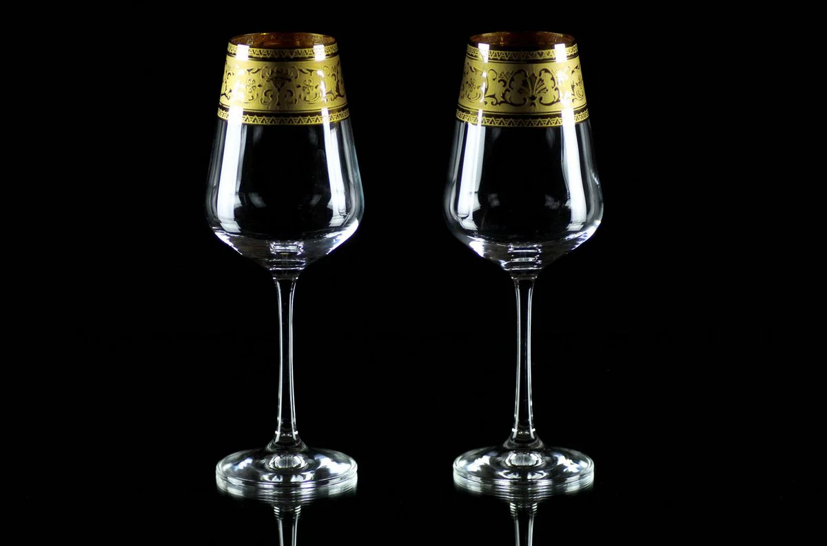 Luxus Barock Weißweinglas 6er Set Gold Ø 8 x H. 21,5 cm - Handgefertigte und handgravierte Weingläser - Hotel & Restaurant Accessoires - Luxus Qualität