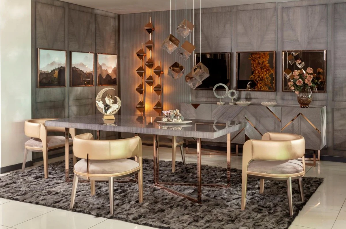 Luxus Esstisch Grau / Kupfer 210 x 100 x H. 75 cm - Rechteckiger Küchentisch mit Massivholz Tischplatte und Metallbeinen - Esszimmer Möbel - Küchen Möbel - Luxus Möbel