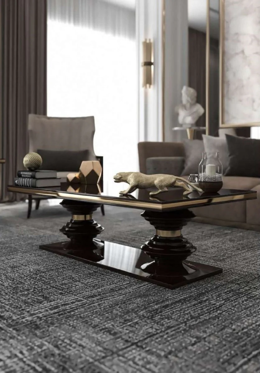 Luxus Art Deco Couchtisch Dunkelbraun Hochglanz / Gold - Handgefertigter Wohnzimmertisch - Massivholz Tisch - Luxus Qualität - Art Deco Möbel