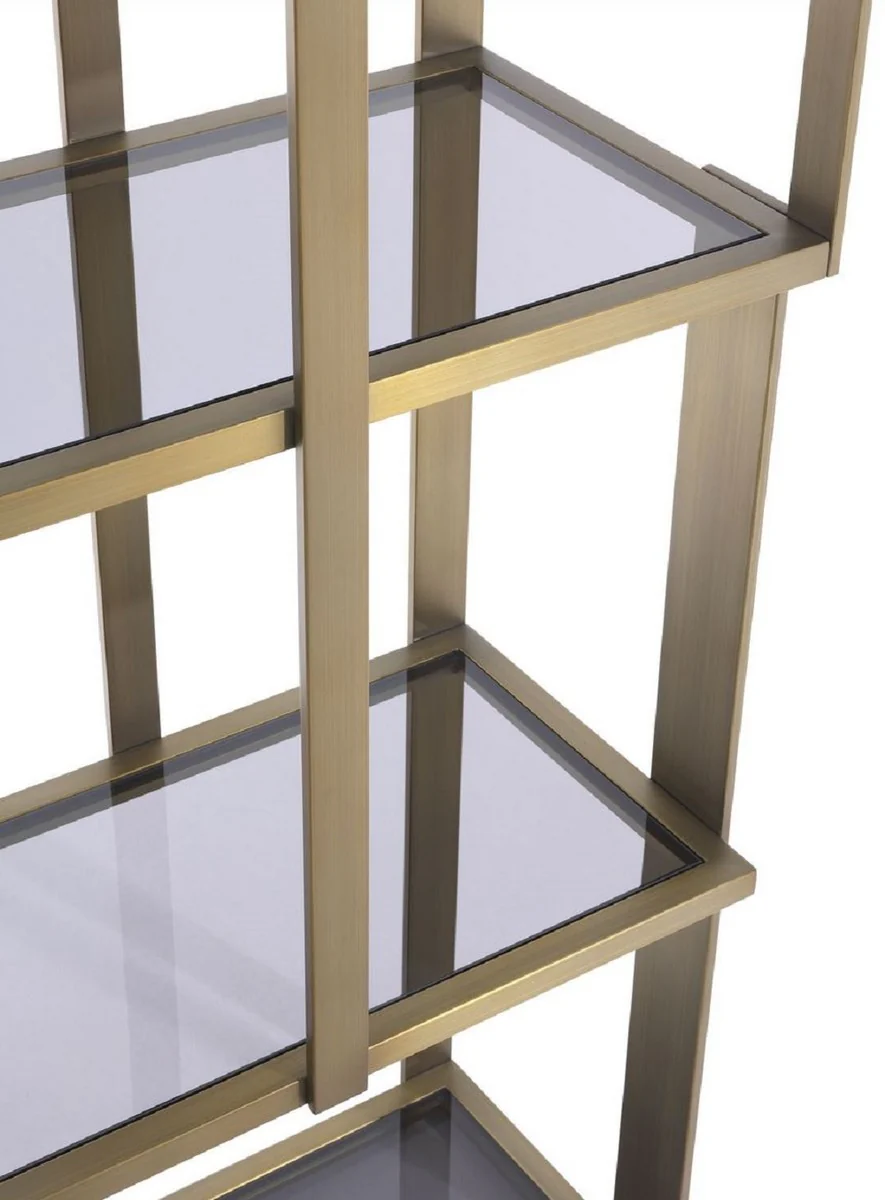 Luxus Regalschrank Messing / Mattschwarz / Grau 100 x 37 x H. 240,5 cm - Edelstahl Schrank mit 5 Glasregalen - Wohnzimmerschrank - Büroschrank - Luxus Möbel