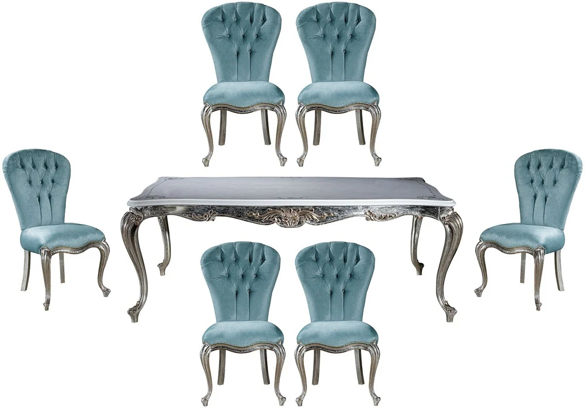 Luxus Barock Esszimmer Set Hellblau / Silber - 1 Esstisch & 6 Esszimmerstühle - Barock Esszimmer Möbel - Edel & Prunkvoll