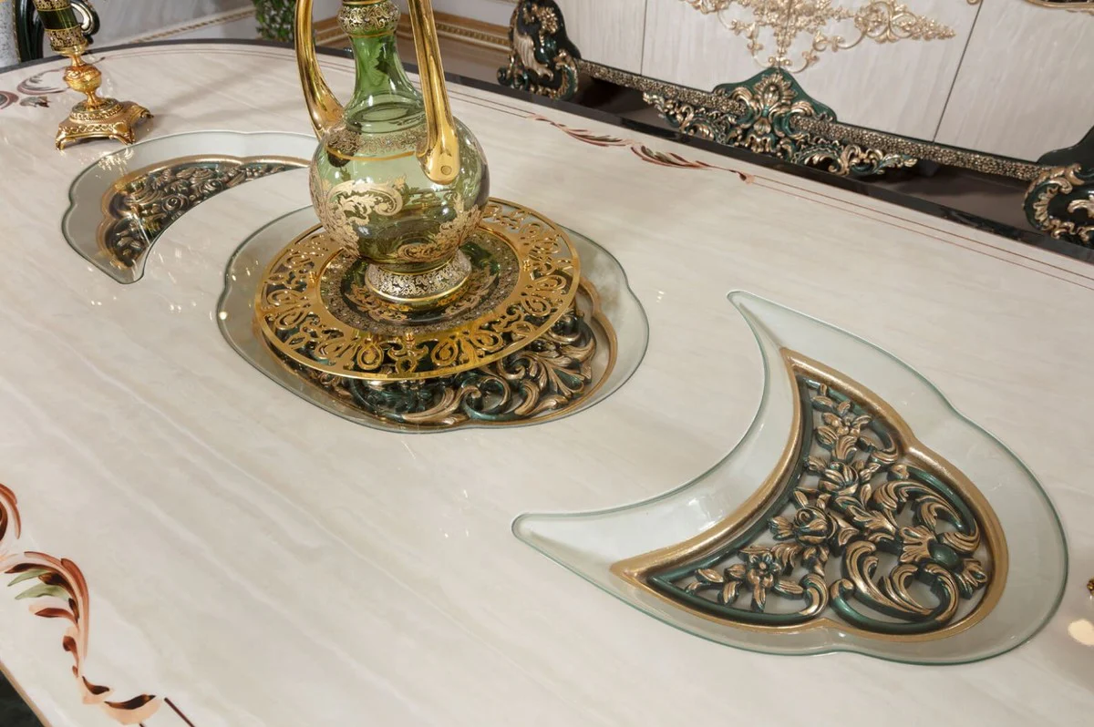 Luxus Barock Esszimmer Set Weiß / Grün / Gold - 1 Barock Esstisch & 6 Barock Esszimmerstühle - Barock Esszimmer Möbel - Luxus Möbel im Barockstil - Edel & Prunkvoll - Luxus Qualität