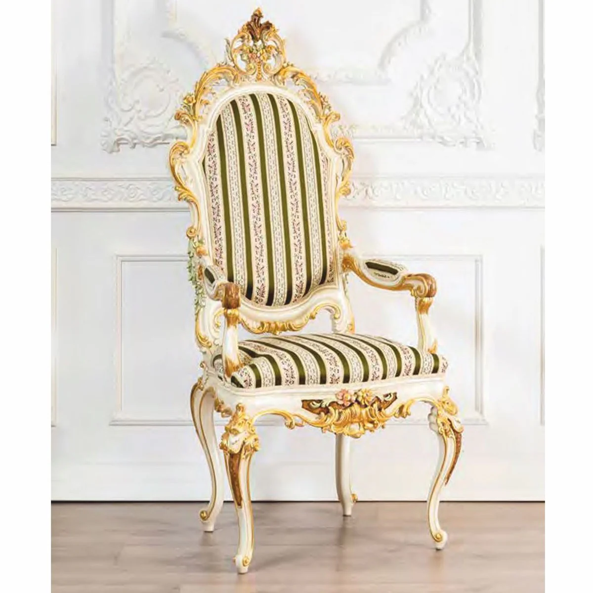 Luxus Barock Esszimmer Stuhl mit Armlehnen Grün / Weiß / Gold H. 137 cm - Made in Italy