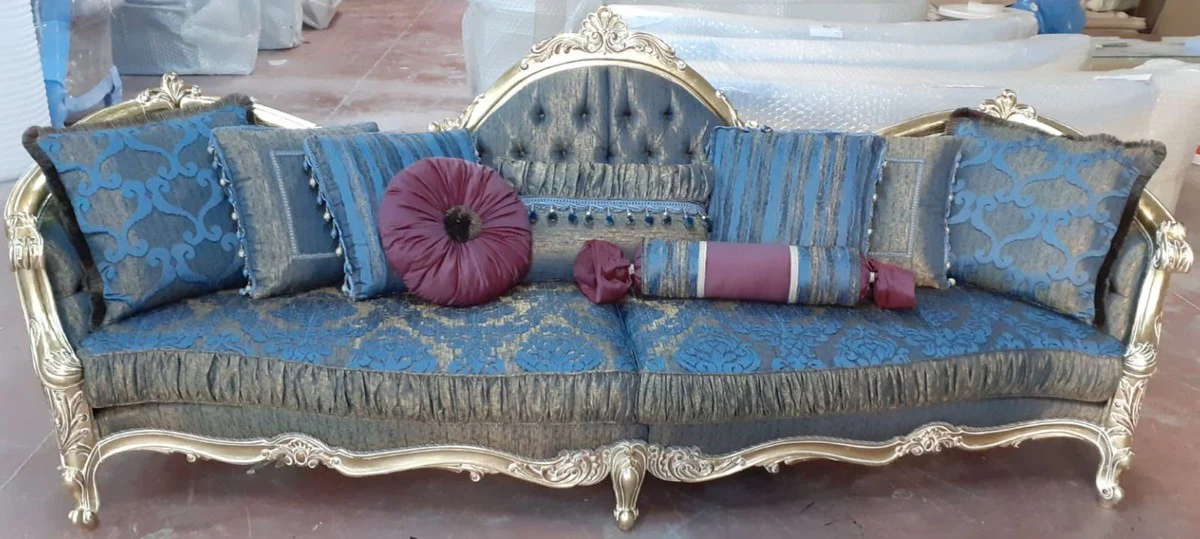 Luxus Barock Sofa Blau / Gold 300 x 90 x H. 119 cm - Prunkvolles Wohnzimmer Sofa mit elegantem Muster - Barock Möbel