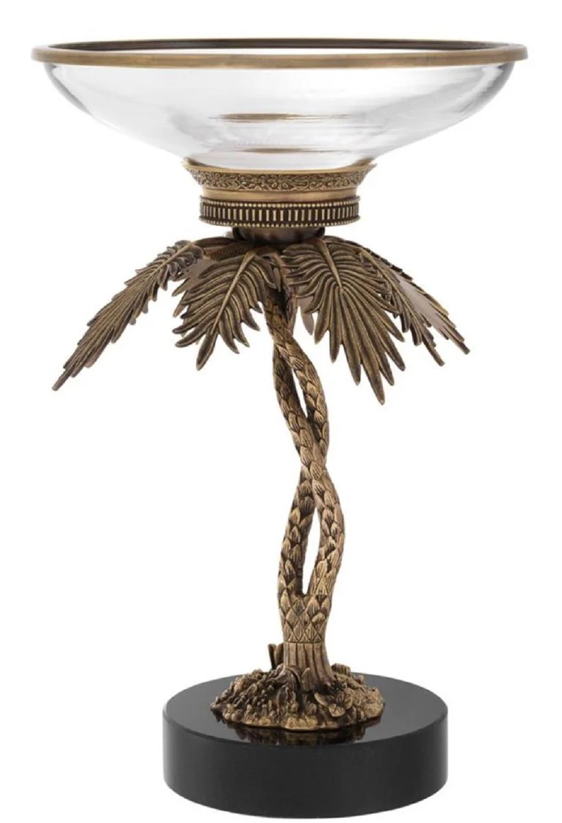 Luxus Glasschale mit Messing Palmen Ständer und Granitsockel Vintage Messing /Schwarz Ø 33,5 x H. 50,5 cm - Hotel & Restaurant Accessoires