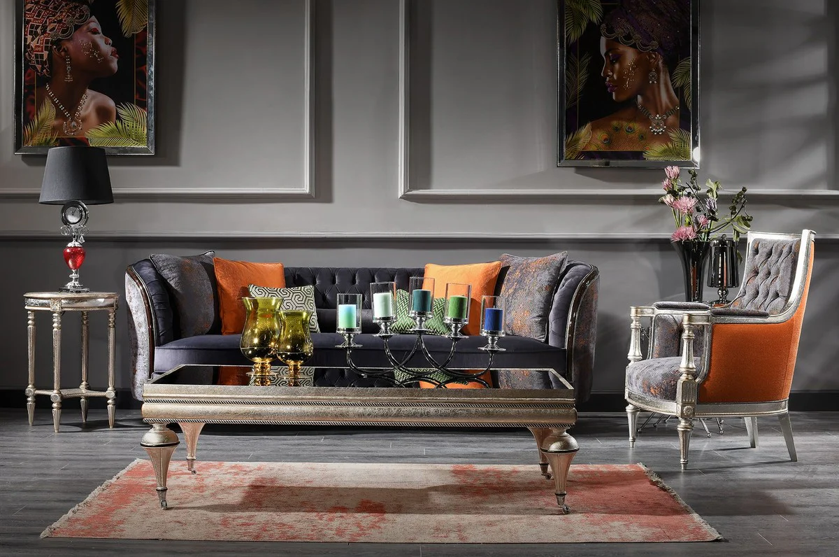 Luxus Barock Wohnzimmer Set Lila / Grün / Silber - 2 Sofas & 2 Sessel & 1 Couchtisch - Handgefertigte Wohnzimmer Möbel im Barockstil - Edel & Prunkvoll