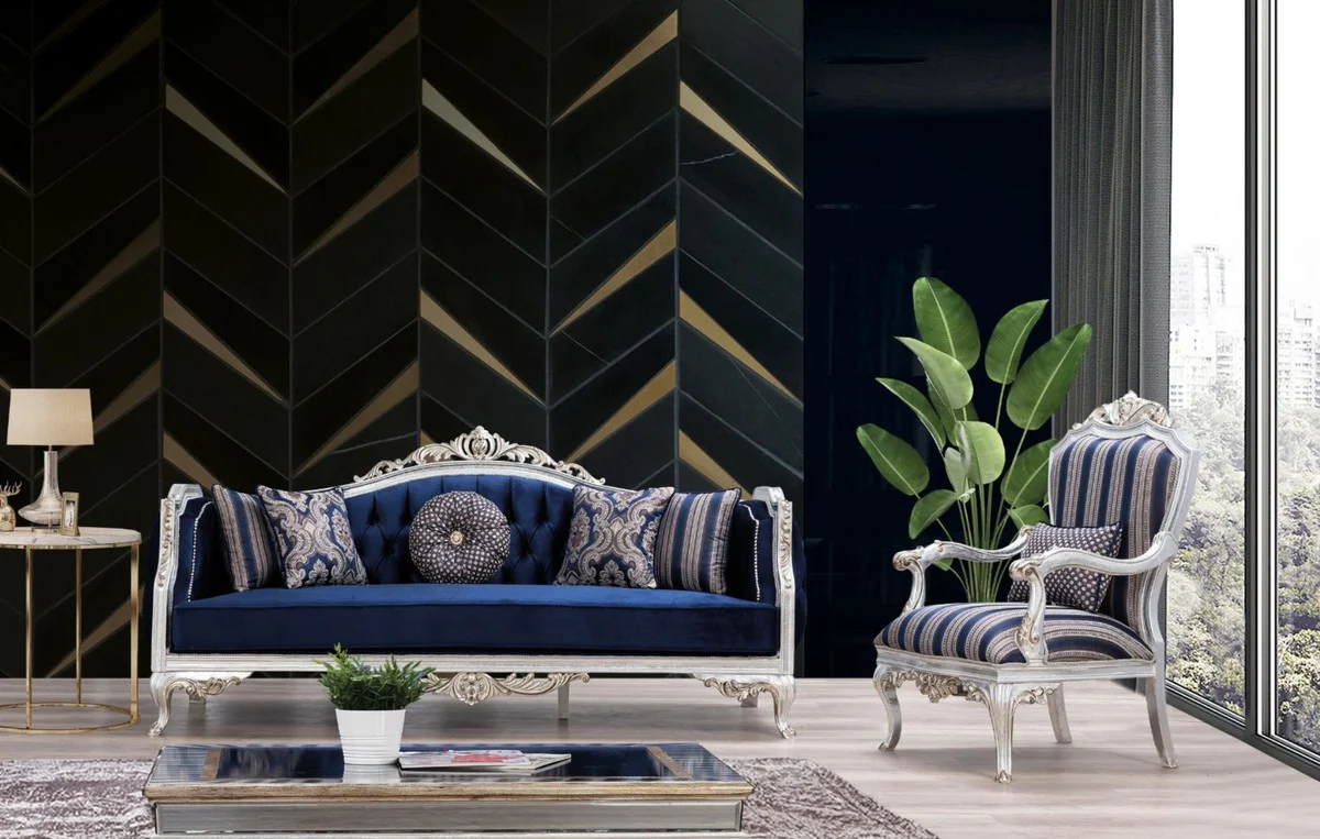 Luxus Barock Sofa Blau / Silber / Gold 228 x 90 x H. 110 cm - Wohnzimmer Sofa im Barockstil - Barock Möbel - Edel & Prunkvoll