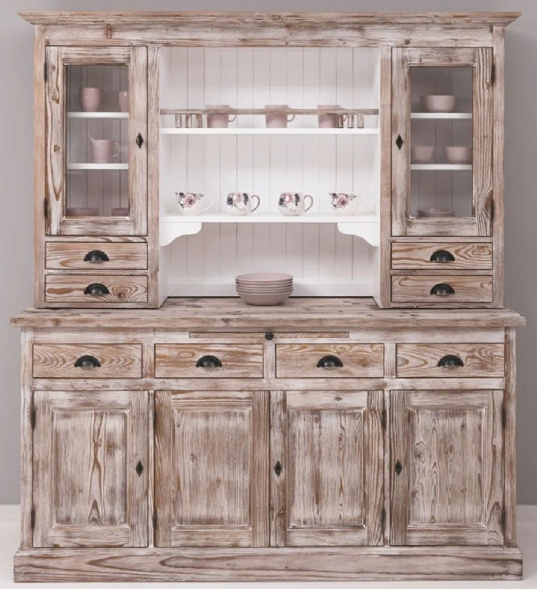 Landhausstil Esszimmerschrank Braun / Weiß 180 x 50 x H. 197 cm - Massivholz Küchenschrank - Esszimmermöbel im Landhausstil - Landhausstil Esszimmer Einrichtung