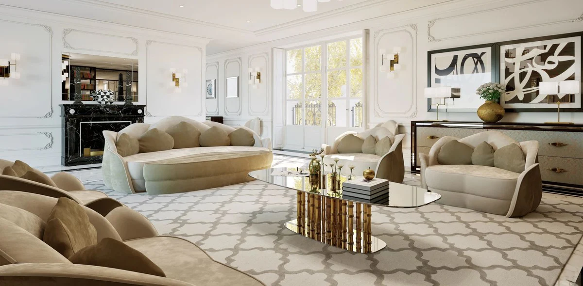 Luxus Designer Couchtisch Bambus Gold 180 x 80 x H. 57 cm - Wohnzimmertisch mit ovaler Glasplatte - Wohnzimmer Möbel - Hotel Möbel - Luxus Qualität