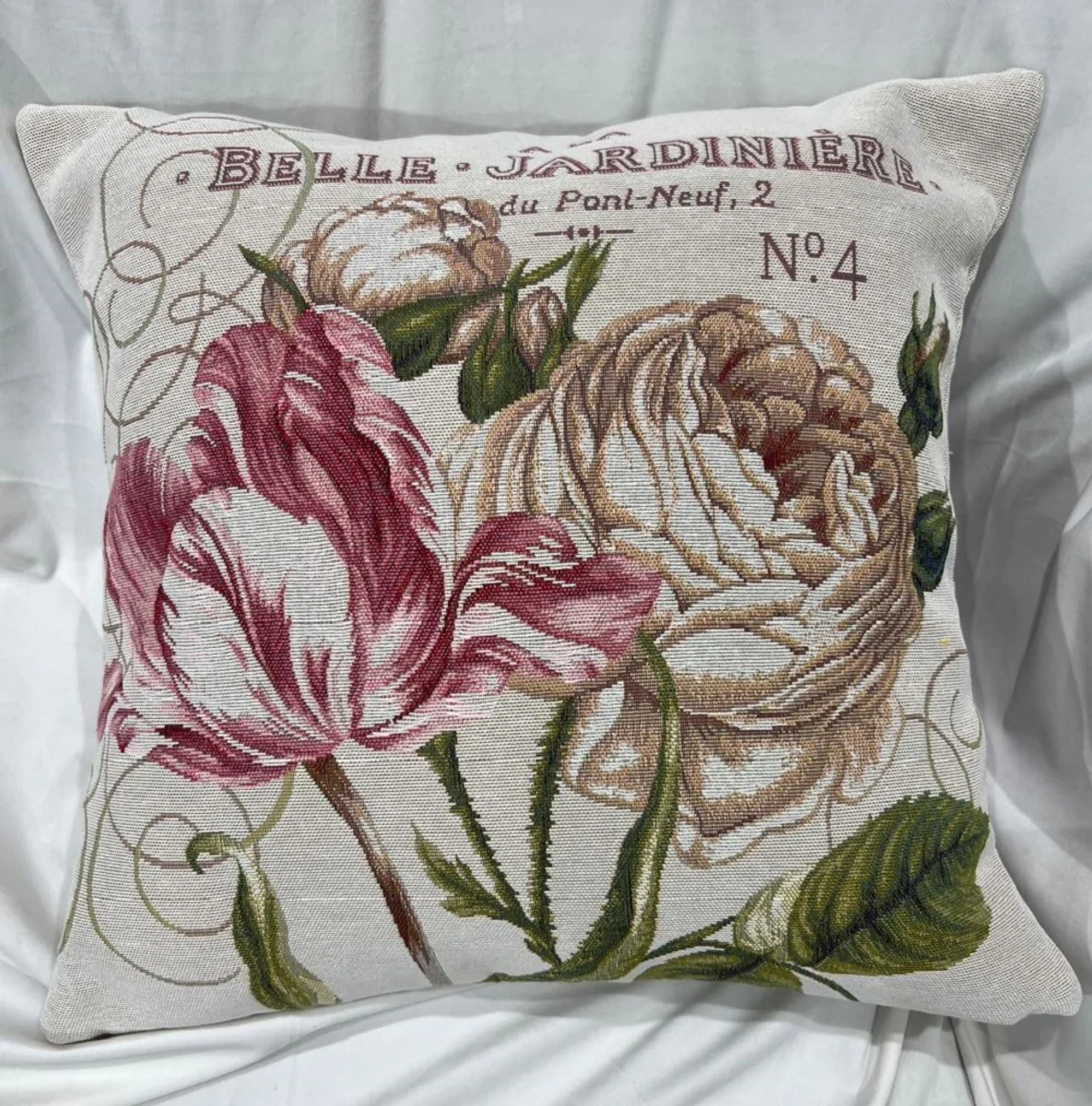 Luxus Deko Kissen Rosen Creme / Mehrfarbig 45 x 45 cm - Bedrucktes Zierkissen mit edlem Gobelin Stoff - Luxus Deko Accessoires