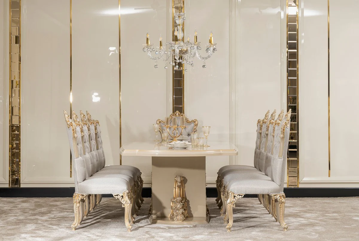 Luxus Barock Esszimmer Stuhl 4er Set Silber / Grau / Gold - Prunkvolle Barockstil Küchen Stühle - Luxus Esszimmer Möbel im Barockstil - Barock Esszimmer Möbel - Barockstil Möbel